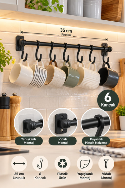 UG Home Siyah Retro 6 lı Sıra Askı Dekoratif Retro Mutfak Havlu Askısı , Finc...