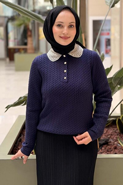 Ghisa Pearl Embroidered Collar Knitted Patterned Knitwear Tunic