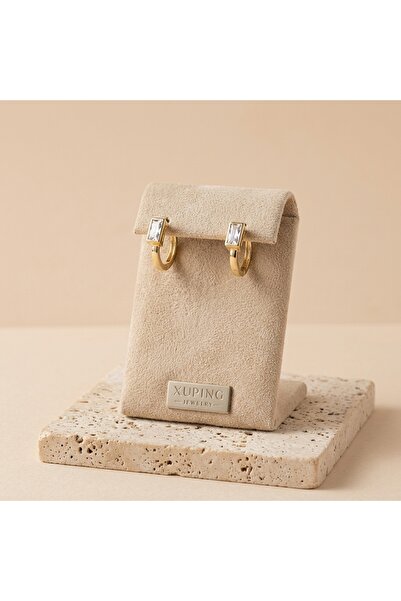 XUPING JEWELRY Vıp Seri 316L Çelik Gold Renk Baget Taşlı Halka Küpe 1,5 cm