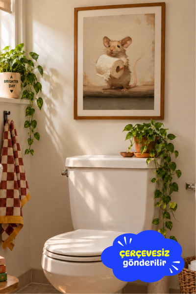 Clumsy Tuvalet Kağıtlı Fare Poster, Mizahi Banyo Dekoru Duvar Posteri, (Çerçe...