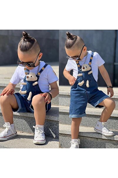 Bubito Oyuncak Görselli Kot Erkek Bebek Kısa Slopet Takım Koyu Mavi