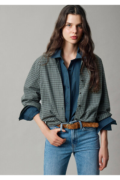 Mavi Pötikare Yeşil Gömlek Loose Fit / Bol Rahat Kesim 1211565-83714