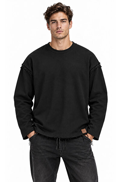 Capshon Erkek Siyah Oversize Bisiklet Yaka Uzun Kollu Basic Sweatshirt Günlük...