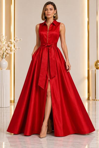 SERAVENZA COUTURE Maxi Boy Fermuar Kapamalı Seyyar Kuşaklı Şık Davet Elbisesi...