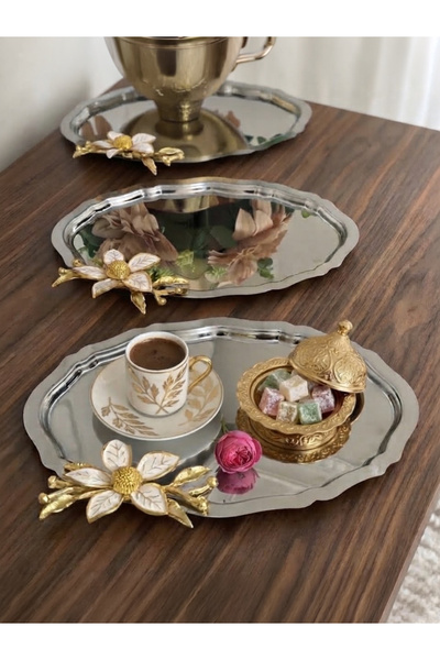 Elzemm store 20*25 CM ÇELİK OVAL 3 ADET BÜYÜK ÇİÇEKLİ SERVİS VE SUNUM TEPSİSİ