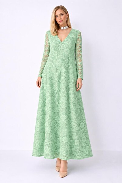 SERAVENZA COUTURE فستان دانتيل أنيق بأكمام طويلة مقاس ماكسي COU-109