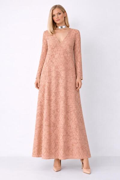 SERAVENZA COUTURE Maxi Boy Uzun Kollu Şık Dantel Elbise COU-109