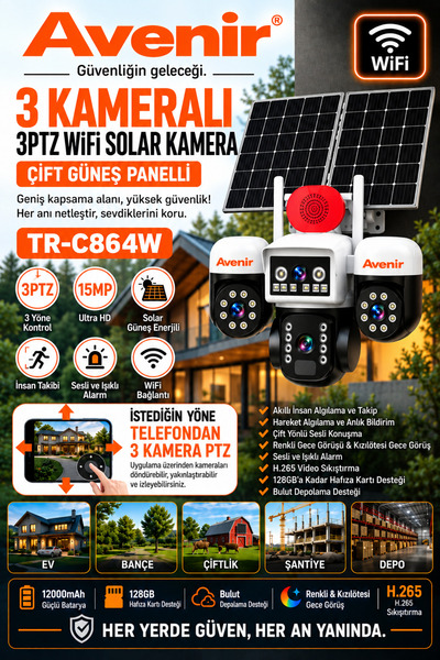 TRCharger 15MP 3 Kameralı 3PTZ WiFi Solar Güvenlik Kamerası ÇİFT GÜNEŞ PANELL...