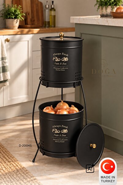 Metes Kitchen 2 Katlı Metal Patates Soğan Kovası Siyah - Sebzelik - Patates S...