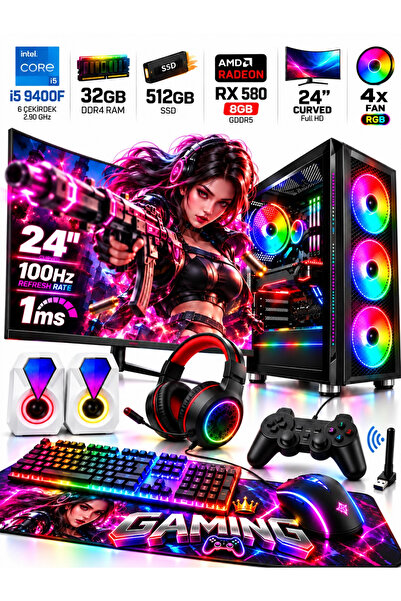 J-TECH Ryon i5 9400F | 32GB RAM | 512GB SSD | RX580 8GB | 24" Curved | Oyuncu...