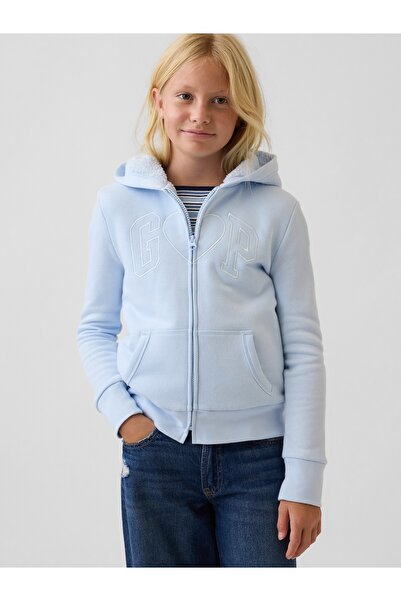 GAP Kız Çocuk Açık Mavi Sherpa Astarlı Logo Fermuarlı Sweatshirt