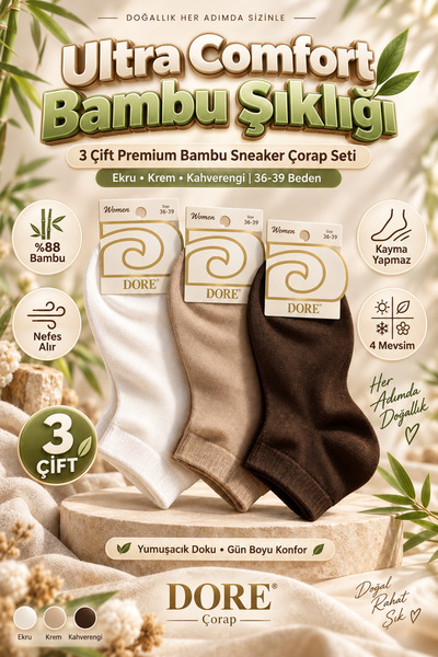 Dore Orijinal Kadın 3 Çift Bambu Ultra Comfort Yumuşacık Nefes Alan Ter Emici...