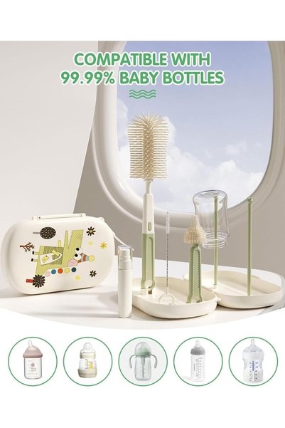 Arabest Baby Bottle Brush Cleaner Set, Portable Essential for Home and Travel, 9-in-1 Detachable Brush Set with Silicone Teat/Straw Brush, Drying Rack, Storage Box (Green)
