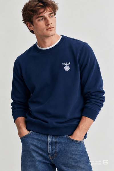 UCLA Valley Lacivert Bisiklet Yaka Baskılı Erkek Sweatshirt