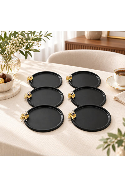 Midilli Home 6'lı Gold Kelebekli Yuvarlak Siyah Sunum Tepsisi, Dekoratif Serv...
