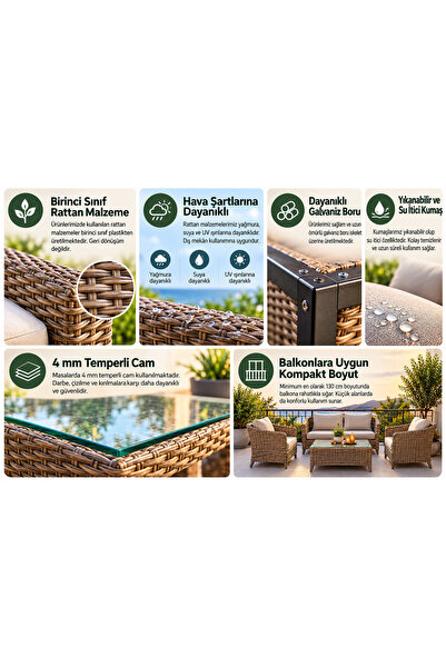Tu Tienda KARTEPE GALVANİZ BORU 2 1 1 SEHPA(60*90) RATTAN BAHÇE BALKON TAKIMI,KAHVE RATTAN/KREM KUMAŞ