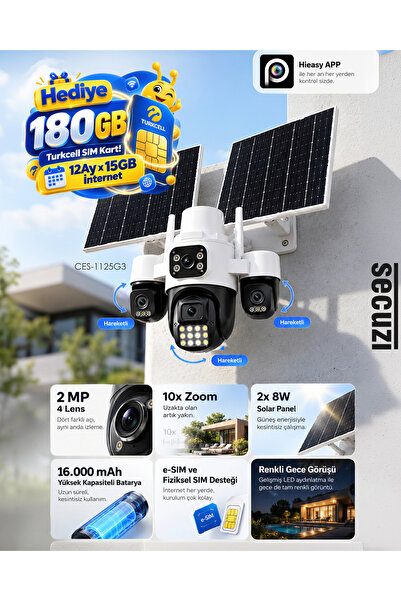 3 Hareketli 1 Sabit Kameralı 2MP 4G Solar Panel / Güneş Enerjili Akıllı Güvenlik Kamerası - E-SIM , Fiziki SIM Uygun - 180 GB SIM Kart Hediye