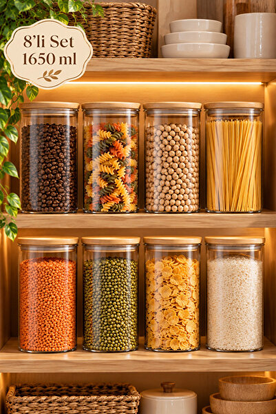 Porsima 3-4 Bamboo Vacuum Lids Round Borosilicate Glass 8-Piece Jar Set Stora...