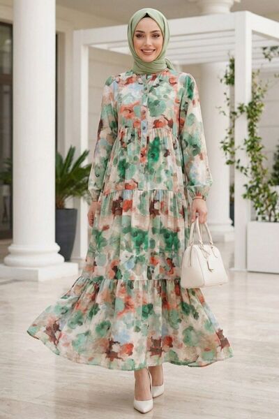 N.S NEVA STYLE Patterned Green Hijab Dress 20621Y