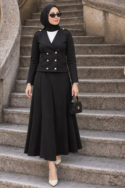 Neva Style Black Hijab Skirt and Jacket Two-Piece Set 12371S
