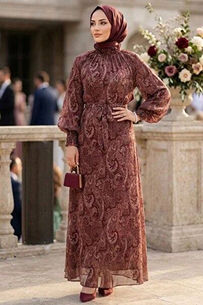 N.S NEVA STYLE Shawl Patterned Gathered Collar Belted Chiffon Brown Hijab Dre...