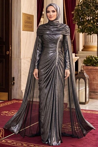 N.S NEVA STYLE فستان سهرة فضي محتشم مع عباءة 56501GMS