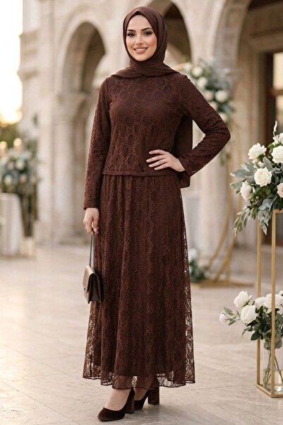 Neva Style Dantelli Kahverengi Tesettür İkili Takım 6293KH