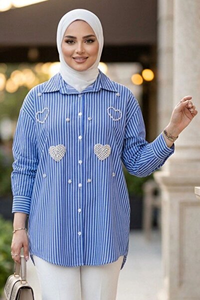 Neva Style Appliqué Detailed Striped Poplin Blue Hijab Shirt 15743m