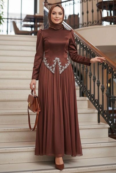 N.S NEVA STYLE - Beaded Detailed Brown Hijab Evening Dress 55141Kh