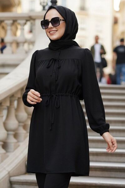 N.S NEVA STYLE Önden Düğmeli ve Bağcıklı Siyah Tesettür Poplin Tunik 20287S