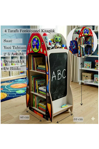 Ankebut Roket Modelli Gerçek Saatli 4 Taraflı Yazı Tahtalı Askılıklı Montessori Kitaplık ve Oyuncak kutusu