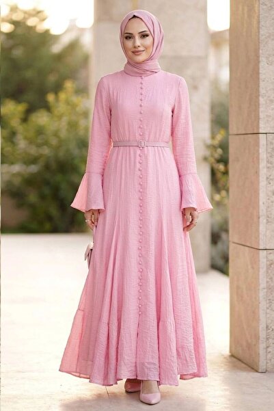 N.S NEVA STYLE Buttoned Belted Flounce Sleeves Tulle Modal Pink Muslim Dress ...