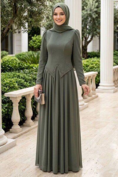 N.S NEVA STYLE Adriana Dark Khaki Stone Detailed Hijab Evening Dress 21592Khk