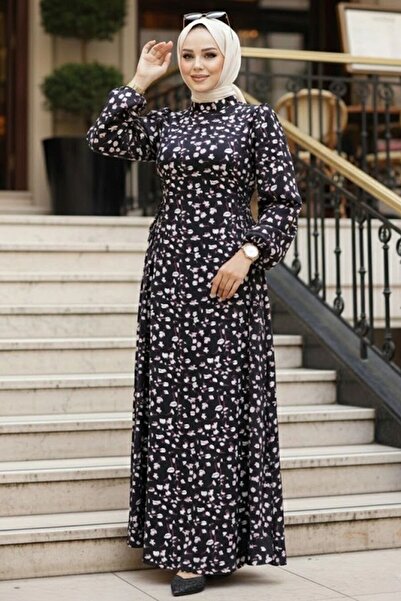 Neva Style Floral Patterned Black Hijab Dress 61071S