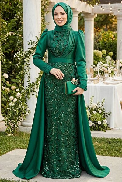 Neva Style Pul İşlemeli Yeşil Tesettür Abiye Elbise 23082Y