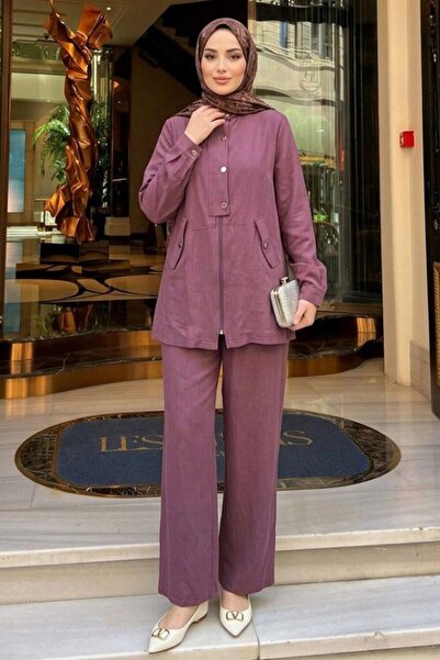Neva Style Buttoned Dark Rose Dusty Hijab Set with Cover Pocket 1369Kgk