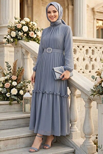 N.S NEVA STYLE Gray Hijab Dress with Buckle Belt 24683Gr
