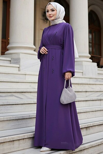 N.S NEVA STYLE Taş Aplikeli Koyu Lila Tesettür Abaya 82412KLILA