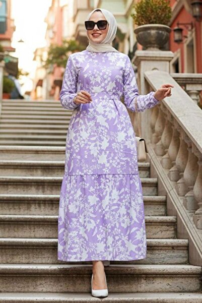 Neva Style Patterned Lilac Hijab Dress 25964Lila