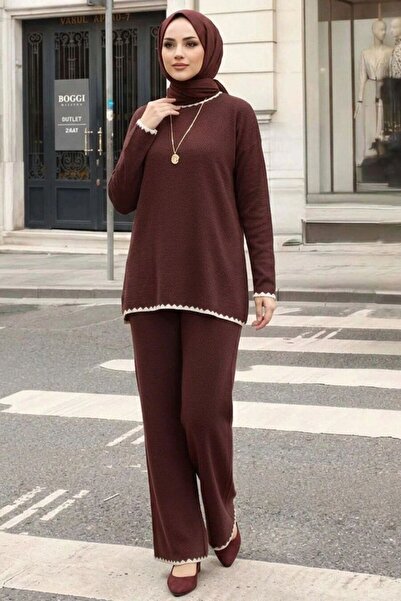 N.S NEVA STYLE Brown Hijab Knitwear Double Set 50174Kh