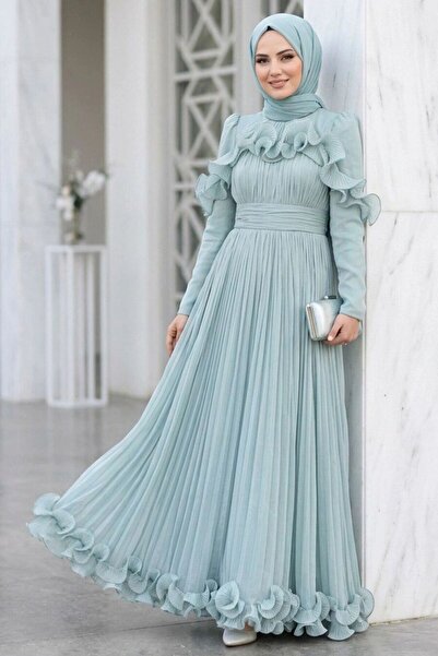 N.S NEVA STYLE - فستان سهرة إسلامي أخضر مزين بكشكشة 55691CY