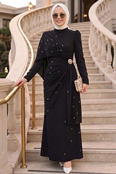 N.S NEVA STYLE فستان سهرة أسود بتفاصيل عباءة 56101S