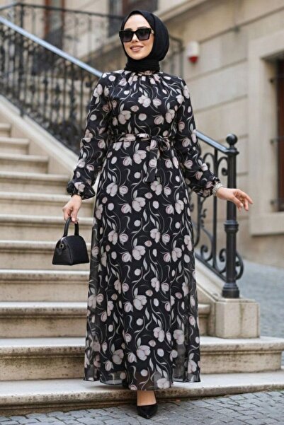 Neva Style Floral Patterned Black Hijab Dress 279909 S