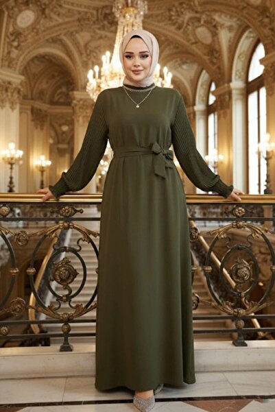 Neva Style Khaki Hijab Dress with Pleated Sleeves 10124Hk