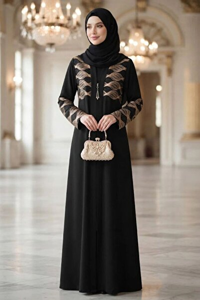 Neva Style Leaf Embroidery Detailed Belted Black Beige Hijab Ferace 29145Sbej