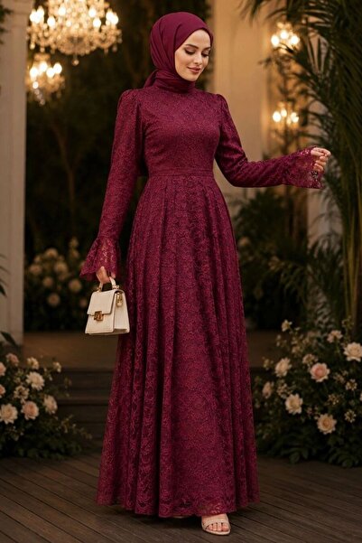 N.S NEVA STYLE Lace Li Burgundy Hijab Evening Dress 6294Br