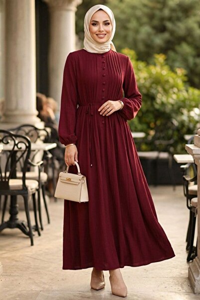 N.S NEVA STYLE Pile Detailed Burgundy Hijab Dress 10320Br