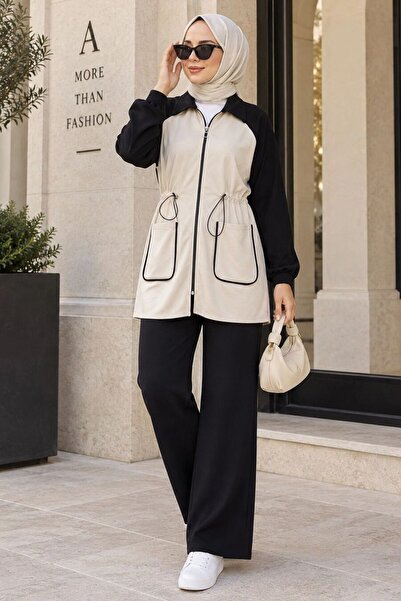 Neva Style Garnili Fermuar Detaylı Oysho Siyah Tesettür Pantolon Takım 10417S
