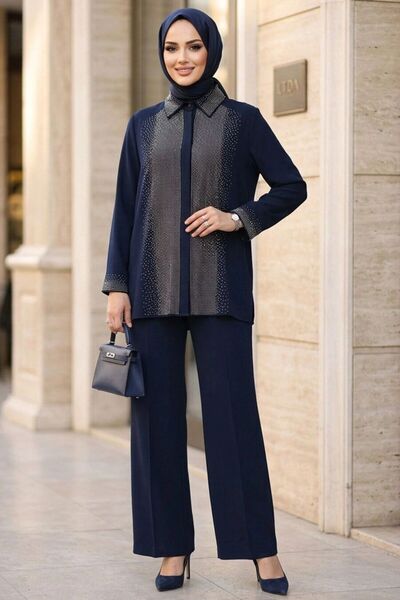 Neva Style İthal Krep Lacivert Taş İşlemeli Tesettür İkili Takım 95726L