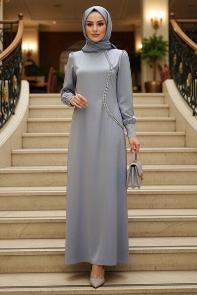 N.S NEVA STYLE - Bead Detailed Gray Hijab Satin Evening Dress 62281Gr